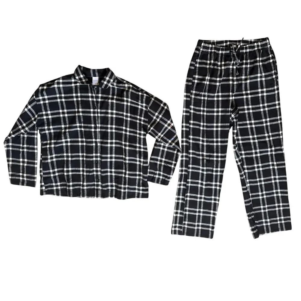 Hanna Andersson Women's Holiday Flannel Pajama Set Black & White Plaid Sz Medium
